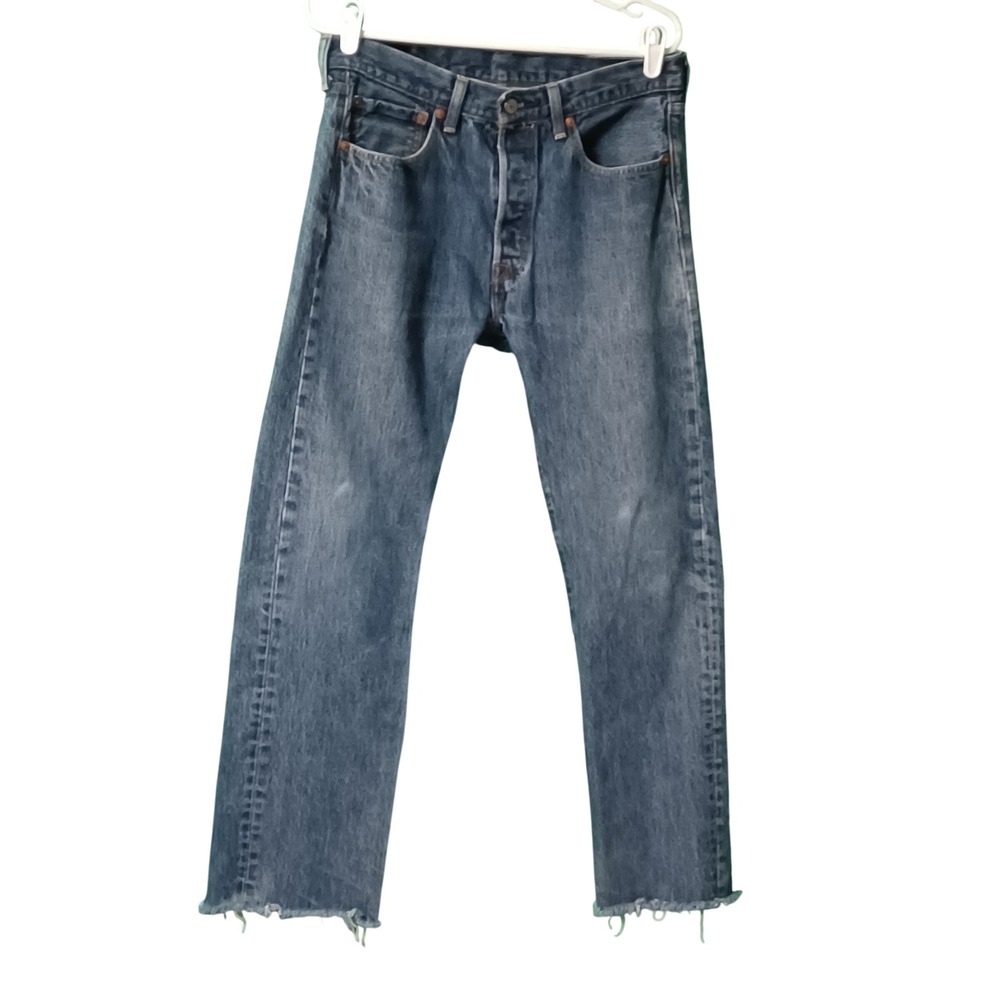 Levis 501 Original Fit Jeans Mens 32x29 Blue Medium Wash Cut Raw Hem Button‎ Fly